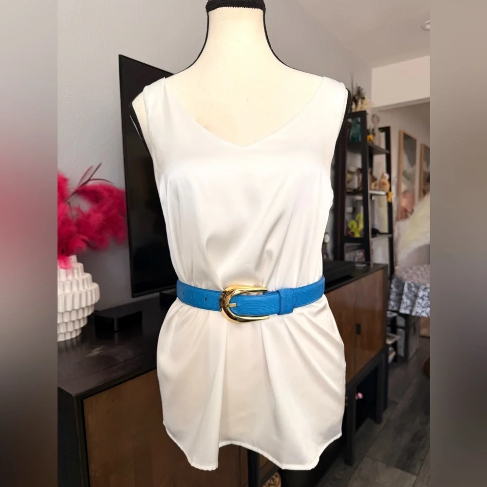Liz Claiborne Blue Leather Belt with Gold Buckle